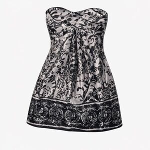 XSCAPE Strapless Black Silver Satin Cocktail Dress Border Print Dress Size 8